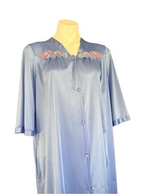 Vanity Fair Light Blue Satin Robe with Coral Embroidery
